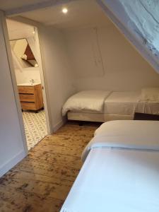萨拉尔杜Hostel Baqueira - Refugi Rosta - PyrenMuseu的一间小卧室,配有两张床和镜子