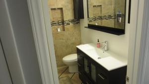 海波因特Modern/Retro Condo的一间带卫生间、水槽和镜子的浴室