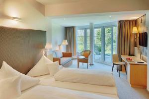 多瑙沃特多瑙沃特公园酒店的配有一张床和一张书桌的酒店客房