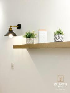 瓜拉丁加奴Blumeen Lite 1 - Comfortable Budget Home 3BR的墙上有植物和灯的架子