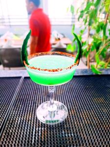 迪布鲁加尔CENTRAL INN的桌上一杯马提尼酒中的绿色饮料