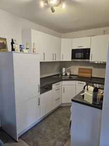 汉诺威City Appartement 1 Hannover Altstadt的厨房配有白色橱柜和台面