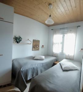 萨利色尔卡Apartment Urupaa的一间卧室设有两张床和木制天花板