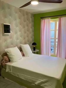阿尔勒Appartement Ibiz’Arles的卧室配有一张大白色床和窗户