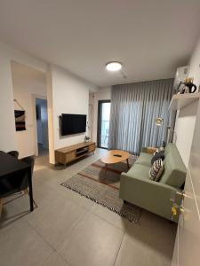 拉马特甘Family Apartment By IsrApart的客厅配有绿色沙发和电视