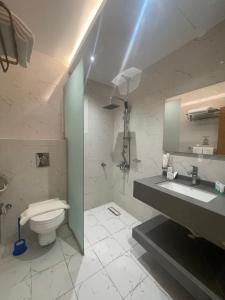 吉赞جوهرة البحر للشقق المخدومة的一间带卫生间、水槽和镜子的浴室
