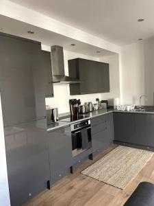 阿伯加文尼Abergavenny Center 2-Bed Flat的厨房配有不锈钢用具和灰色橱柜