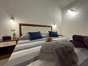 特乌拉达Angela House的一间卧室配有一张带蓝色枕头的大床