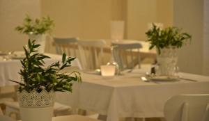 萨摩斯Ino Hotel & Suites的一张桌子上放着白色的桌布和绿色植物