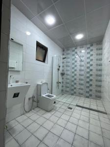 埃尔比勒Motel Victoria Sky的带淋浴、卫生间和盥洗盆的浴室