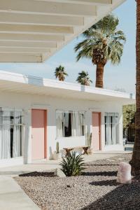 沙漠温泉Miracle Manor Boutique Hotel & Spa的前面有棕榈树的白色房子