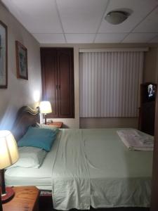 马查拉Villa Amoblada en Urbanización的一张大床,位于带两盏灯的房间