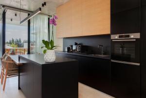 PaphosGreenvale Park Villas的厨房配有黑色橱柜和黑色台面