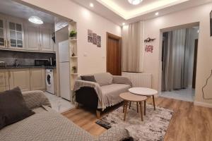 YıldırımCozy 2 bedroom near Green Mosque的客厅配有沙发和桌子