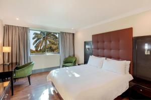 卢萨卡卢萨卡普罗蒂亚酒店的配有一张床、一张书桌和一扇窗户的酒店客房