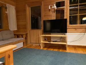 基蒂莱Jänkkärinne Cozy cabin Levi, Lapland的客厅设有木墙,配有平面电视。