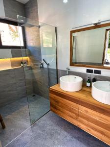 苏梅岛VILLA CAMILLE - SEAVIEW - 4 Bedrooms的一间带水槽和玻璃淋浴的浴室