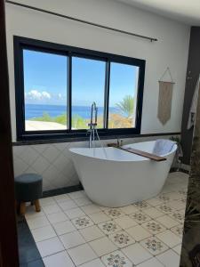 圣保罗La Villa Bleue - Villa d'architecte - Jacuzzi的带浴缸的浴室,享有海景。