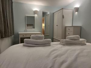 大雅茅斯Charming 1-Bed Lodge in woodland setting的一间卧室配有带3个枕头的床