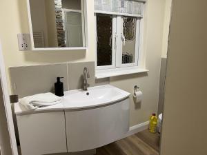 大雅茅斯Charming 1-Bed Lodge in woodland setting的一间带白色水槽和窗户的浴室