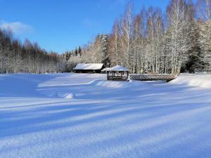 KaugurmuizaHoliday home Migliņas的覆盖着雪地的凉亭和树木