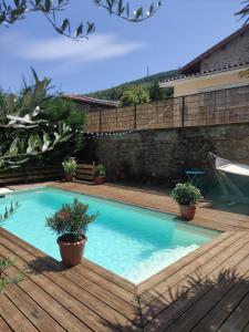 圣沙蒙La Voûte du Pilat & ces options SPA, table d'hôtes, massages的木甲板上的游泳池,种植了盆栽植物