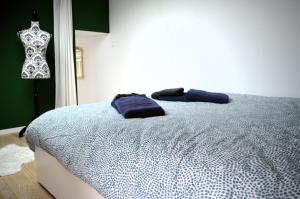 滨海吕克Le Gambetta, 100m de la plage的一间卧室配有一张蓝色床单和一顶马 ⁇ 床。