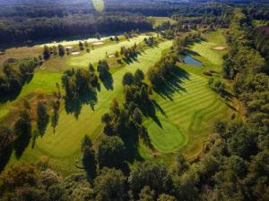 波胡达聂芝温泉城Golf Resort Lázně Bohdaneč的高尔夫球场的顶部景色,绿色