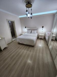 特拉布宗Esa Suite Hotel的一间大卧室,配有一张床和镜子