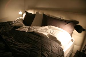 GarðabærSpacious & refurbished 1 bedroom apartment in suburban Reykjavik的一张带黑白枕头的床和一盏灯