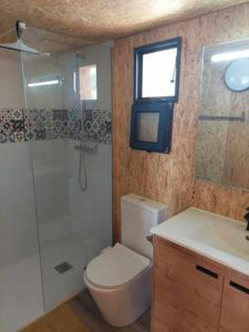 安波拉Casita Bella Vida的浴室配有卫生间、淋浴和盥洗盆。