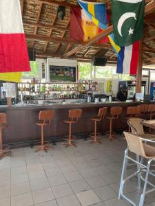 费拉Santorini Camping & Hostel的酒吧配有椅子和带旗帜的吧台
