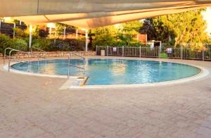 赖维拉维基布兹酒店的庭院内一个带遮阳伞的大型游泳池