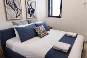 埃拉特YalaRent Seasons 4 bedroom apartment with jacuzzi的一间卧室配有一张带蓝色枕头的大床