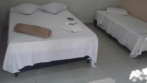 特雷斯拉瓜斯GRAN HOTEL的两张带白色床单和毛巾的床