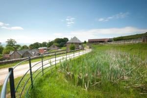 West BagboroughTilbury Shepherd Huts with Hot Tubs Plus Holiday Cottages的草地和房屋旁边围栏