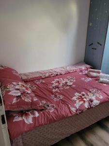 克卢日-纳波卡Casa Eni的一张床上的红色床罩,上面有鲜花