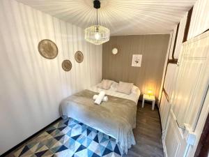 埃圭斯海姆Au nid des remparts à Eguisheim的一间卧室配有一张床和一个吊灯