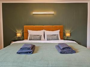 兰河畔马尔堡Ara - Loft, Big Terrace, BBQ, Tischkicker, PS4, Stream的一间卧室配有一张大床和两个枕头