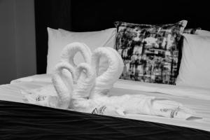 温特和克Windhoek Gardens Boutique Hotel的两条毛巾,形状像天鹅,坐在床上
