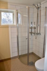 勒罗斯Nedre Stensgården的浴室里设有玻璃门淋浴