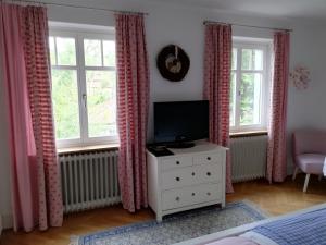 NiedereschachB&B Rosenliebe的一间卧室配有电视和带窗户的梳妆台。