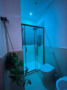 巴勒莫Valguarnera Studio Apartments的带淋浴的浴室以及带蓝色灯光的卫生间。