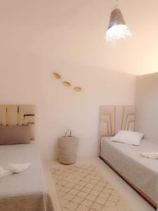 马拉喀什Riad Laila的一间卧室配有两张床和灯具