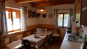 HutyCesta z mesta na Huty的带窗户的客房内设有带桌子的厨房
