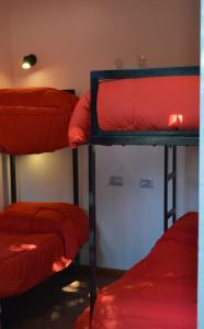 埃斯克尔Complejo turístico Nahuel pan的带红色床单的客房内的三张双层床