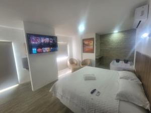 克鲁奇塔Terramar Hoteles的卧室配有一张床铺,墙上配有电视