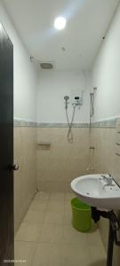 TuaranSantai Homestay的白色的浴室设有水槽和淋浴。