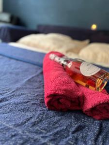 维也纳Magic Moment Apartment的红毛巾上一瓶酒