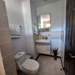 圣伊西德罗Casa Victoria Hostel的白色的浴室设有卫生间和水槽。